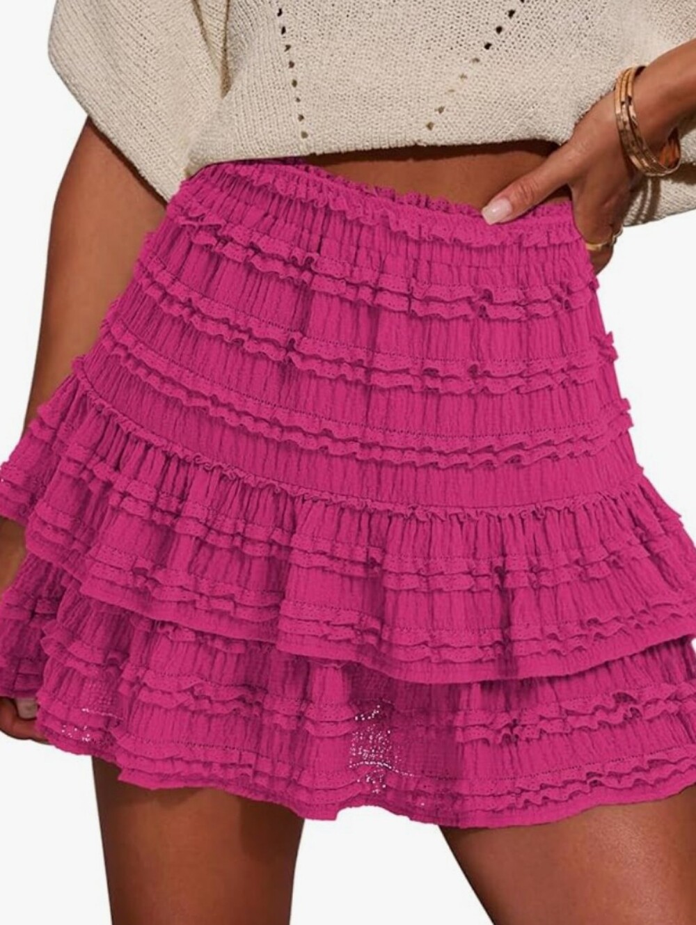 Tiered Ruffle Mini Skirt in Bright Pink (Skort)